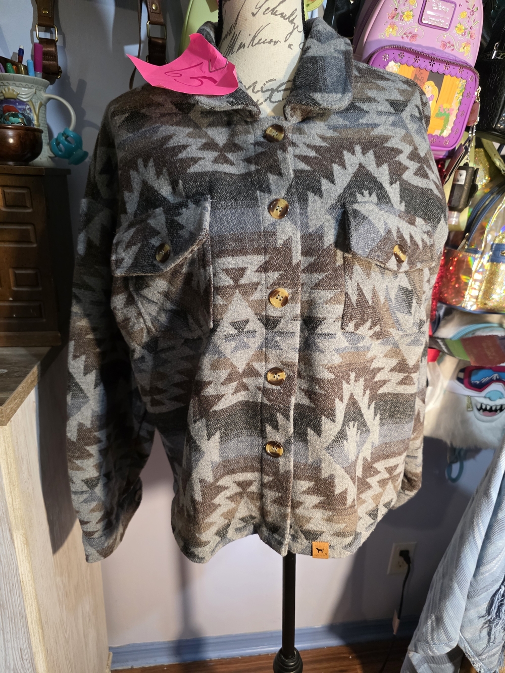 Simple Southern Jacket Button Up Aztec Prints Grays And Brown Size Xlarge